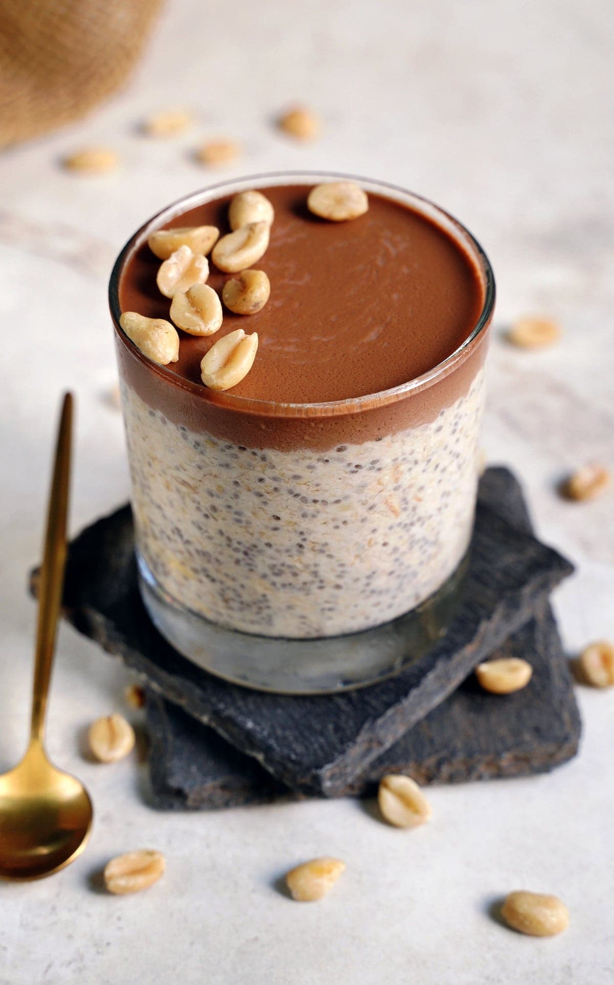 overnight chia oats with chocolate ganache in glass