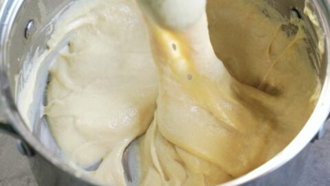 stretchy vegan mozzarella in saucepan