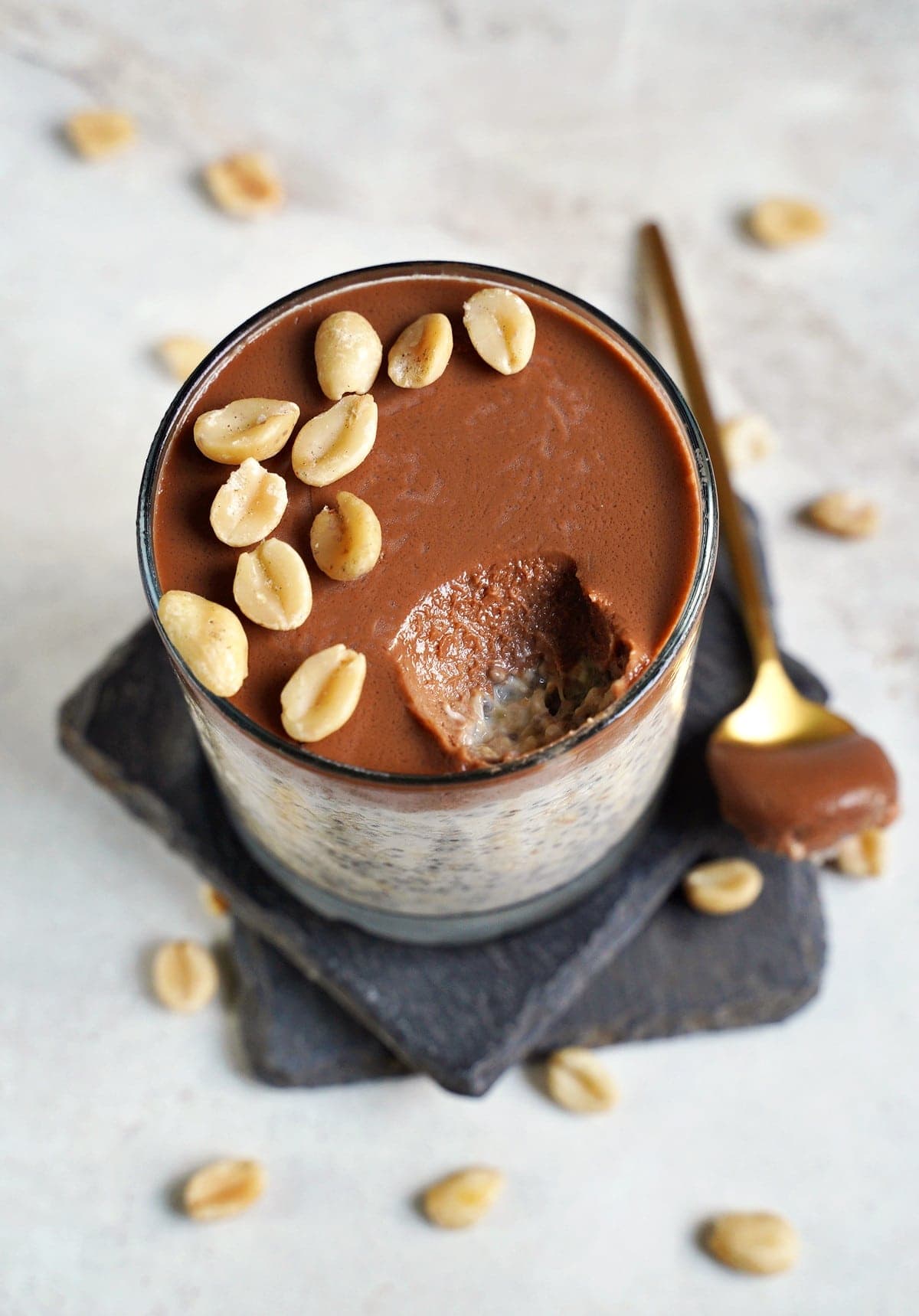 top shot of overnight oats with peanut butter chocolate ganache