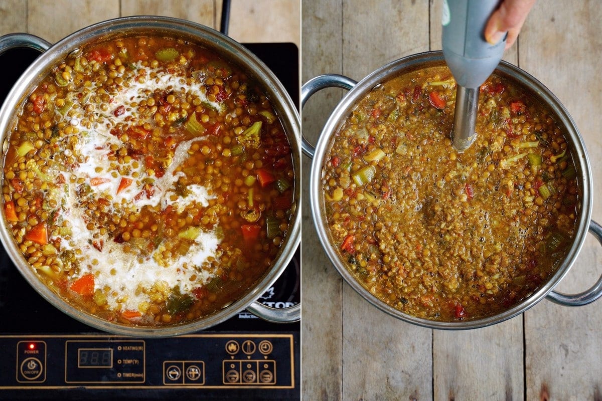 2 step-by-step photos of veggie lentil stew in a pot with immersion blender