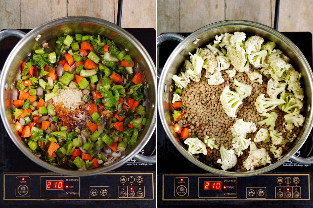 2 step-by-step photos of veggies and lentils in large pot