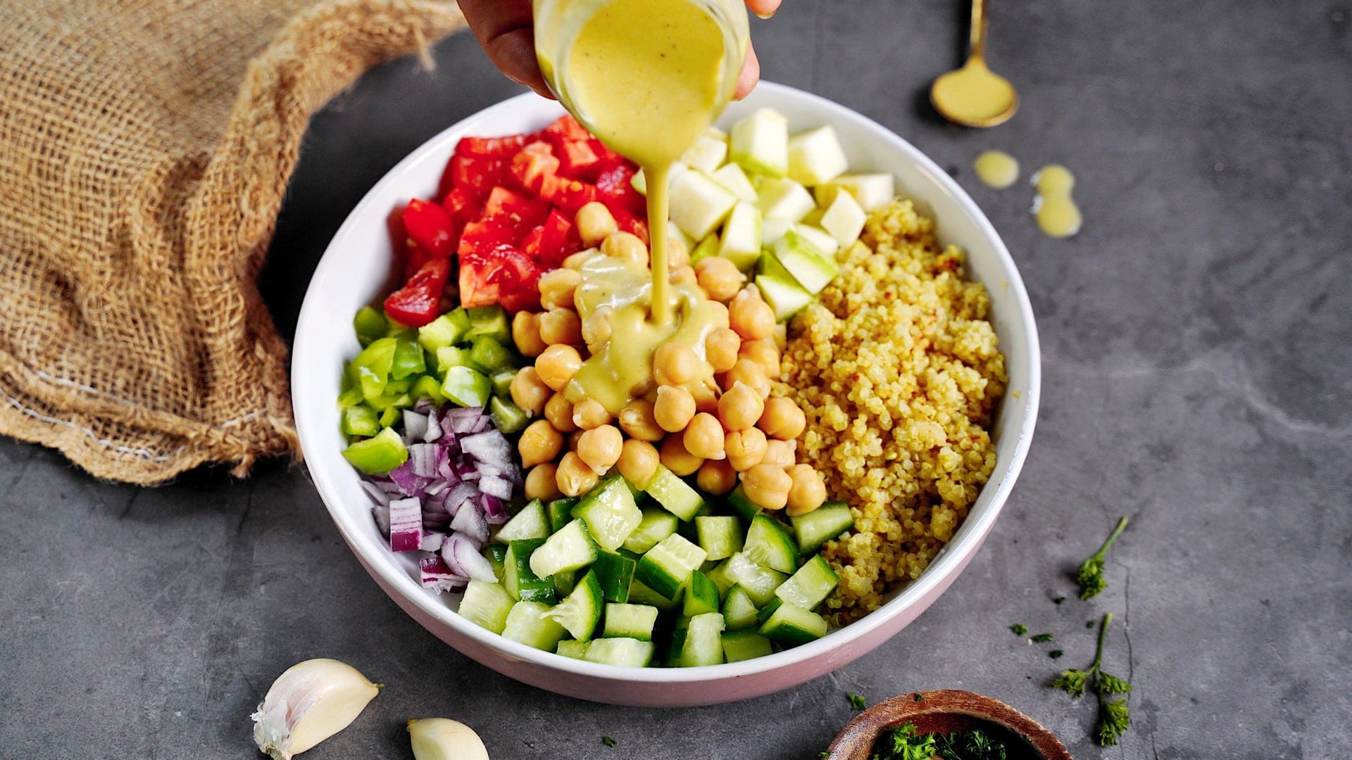horizontal shot of quinoa salad with lemon dressing