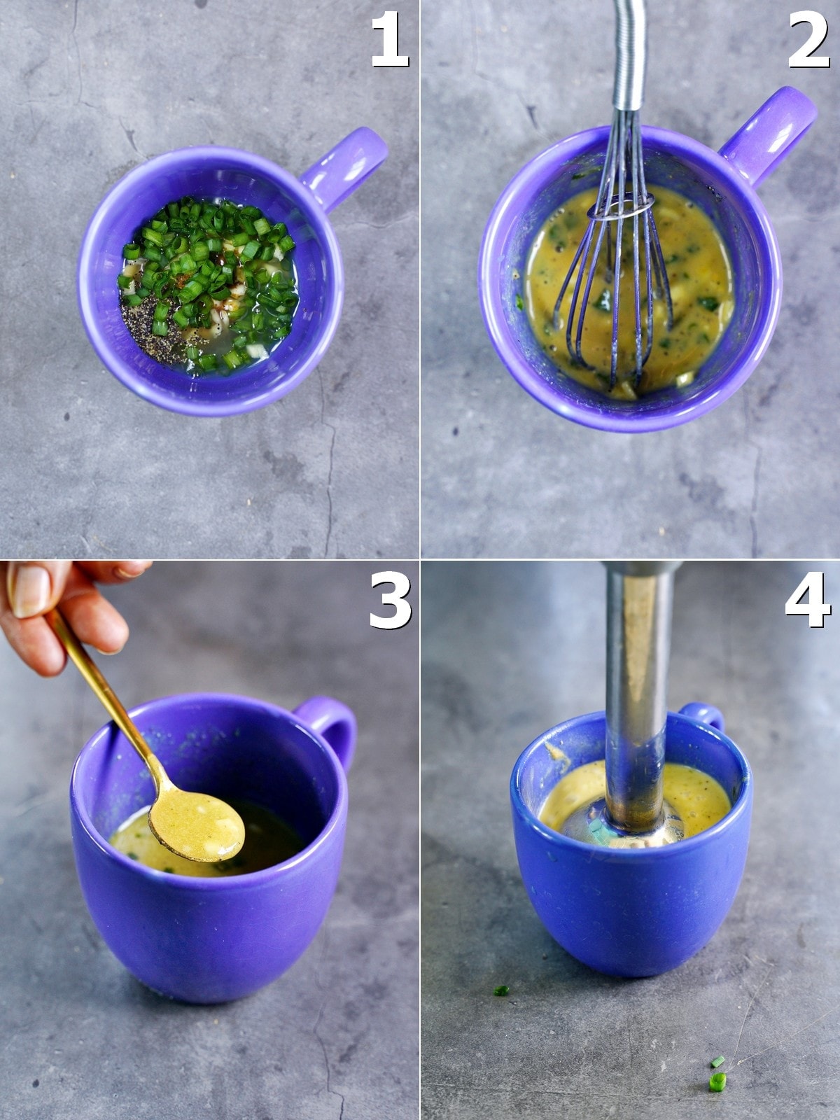 mixing salad dressing in blue mug