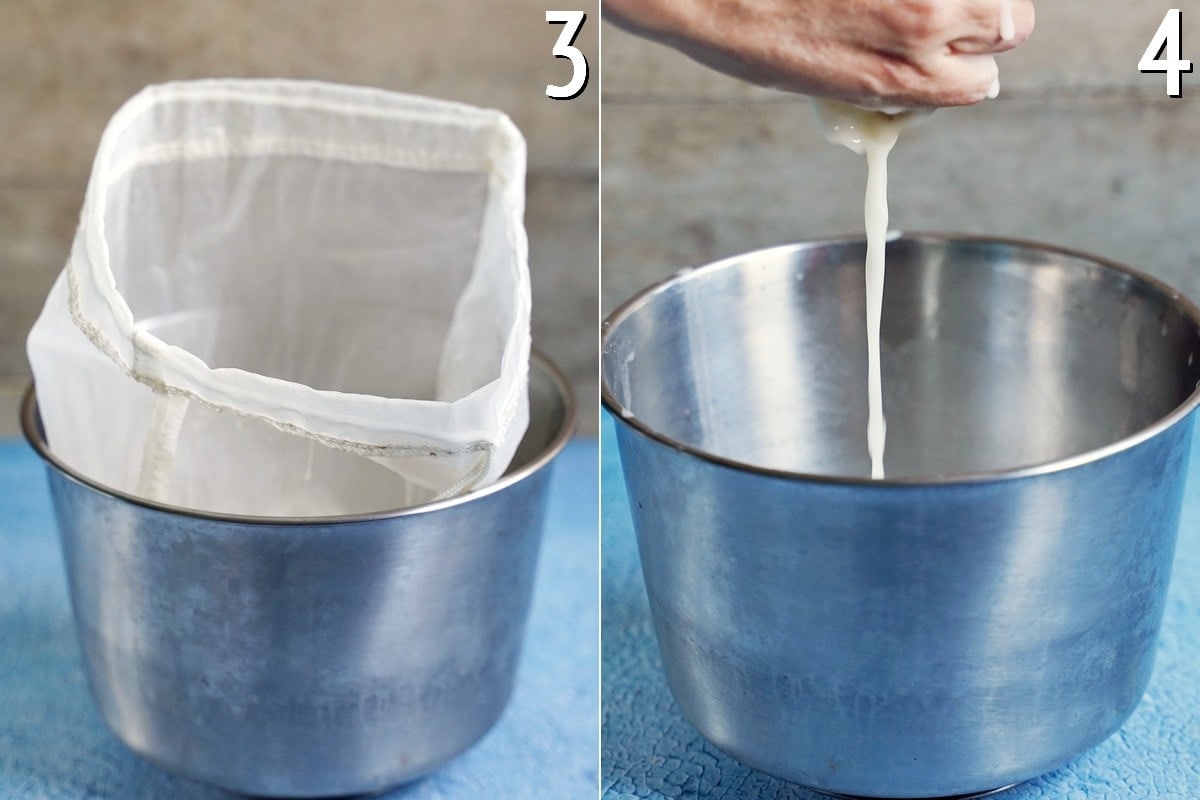 straining plant-based milk in nut milk bag