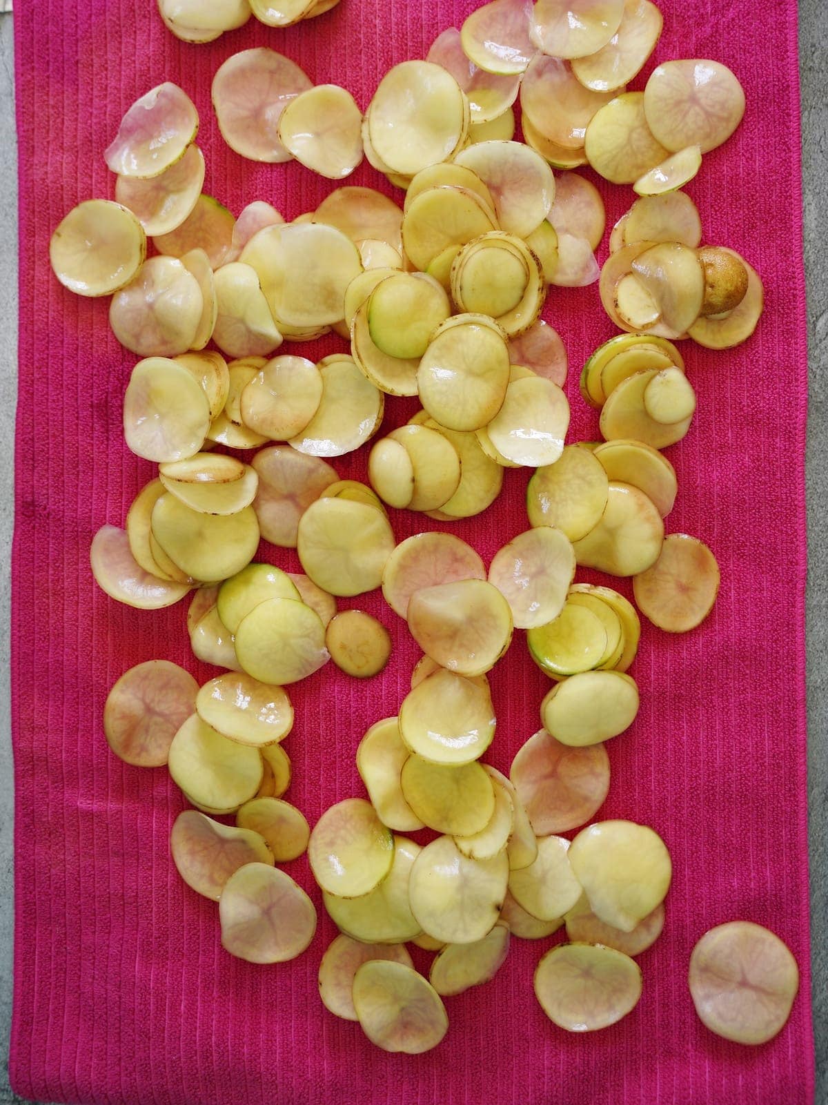 thinly sliced potatoes on pink kitchen towel