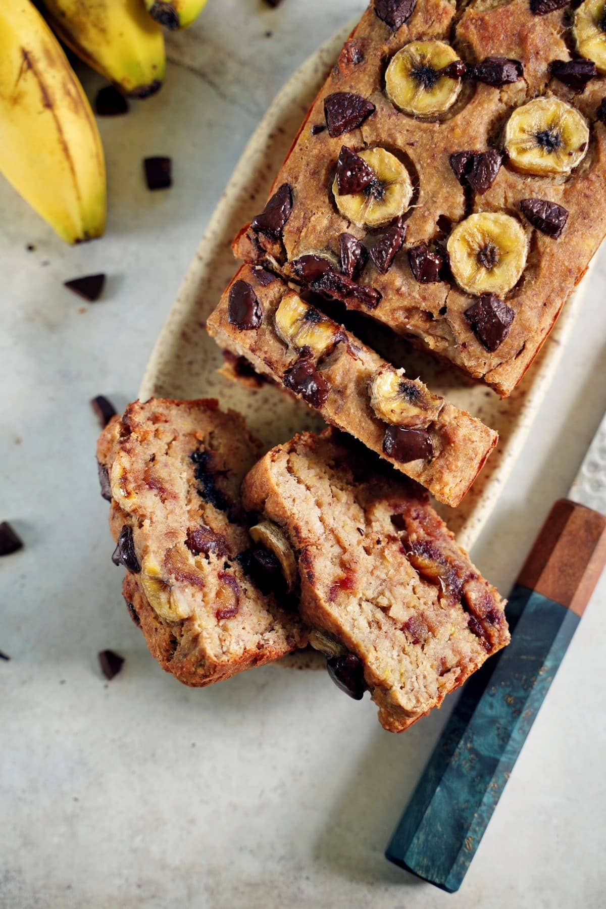 top shot of healthy banana bread with chocolate chunks on top