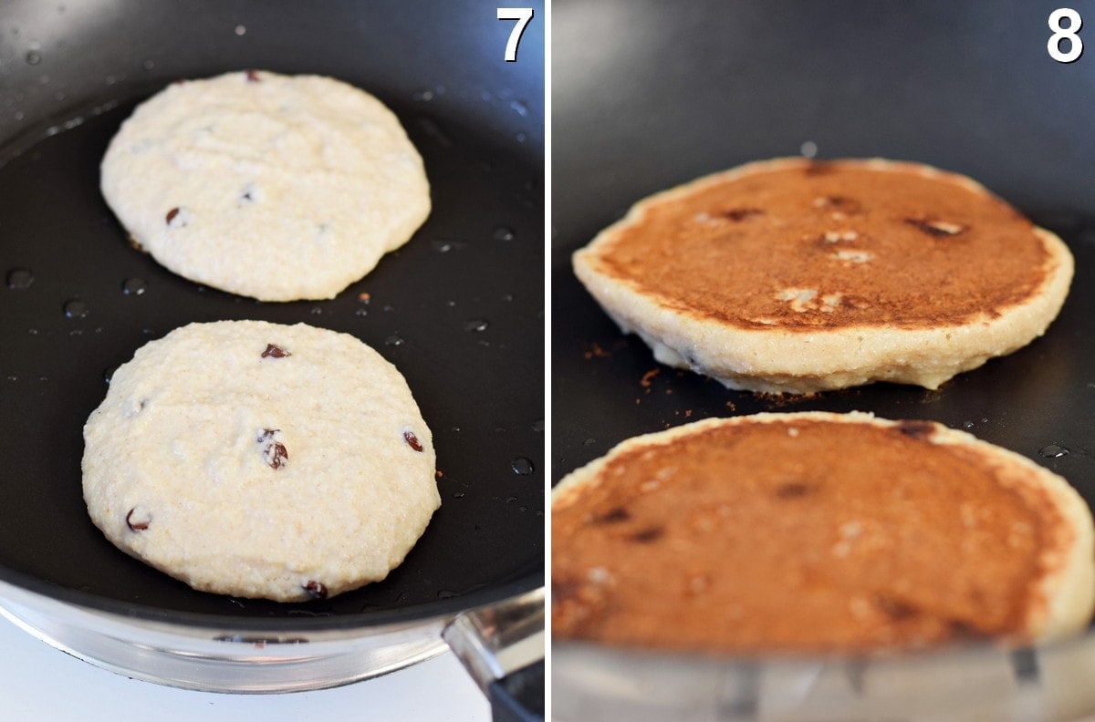 chocolate chip pancakes in black skillet before and after flipping