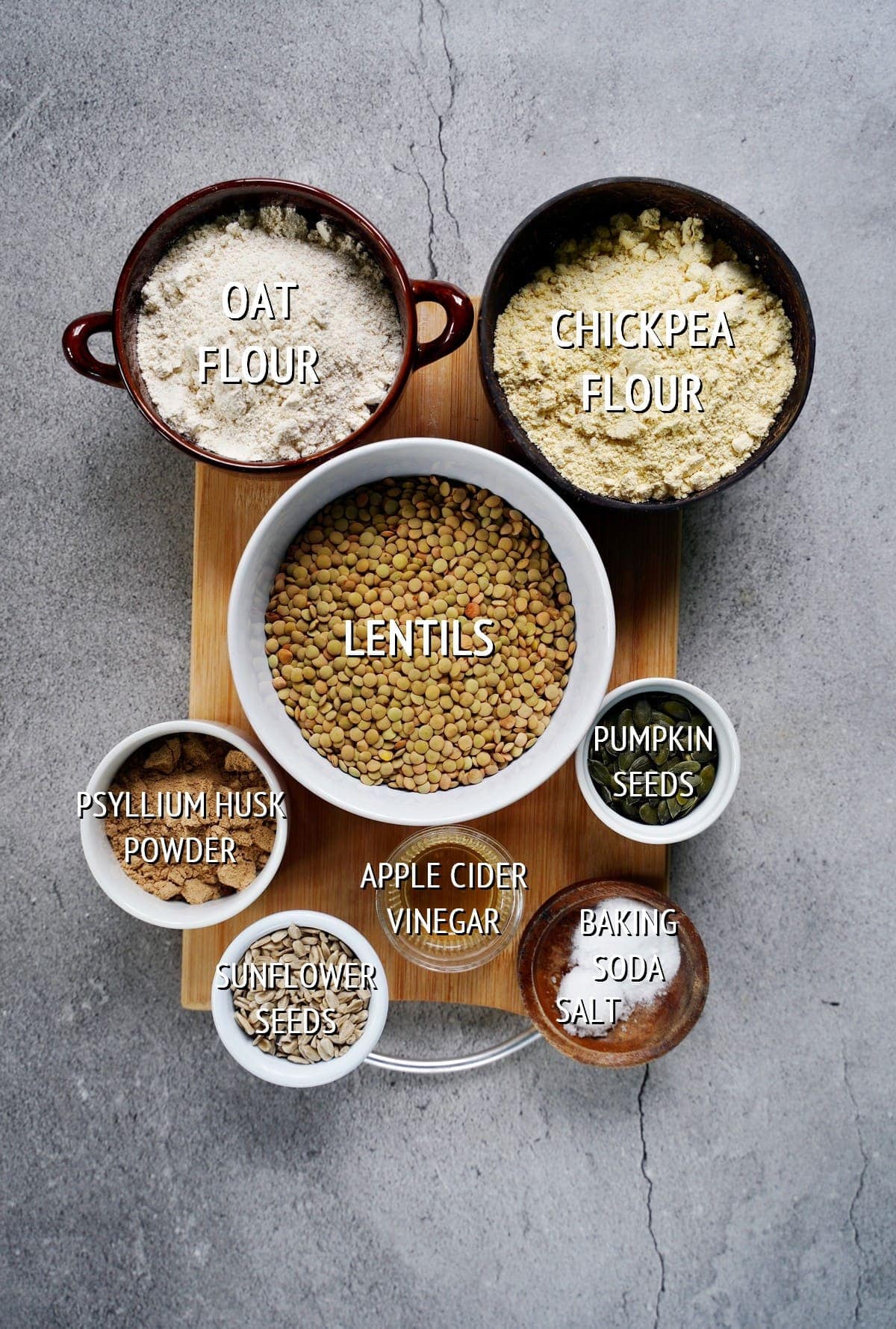 ingredients for lentil bread with labels