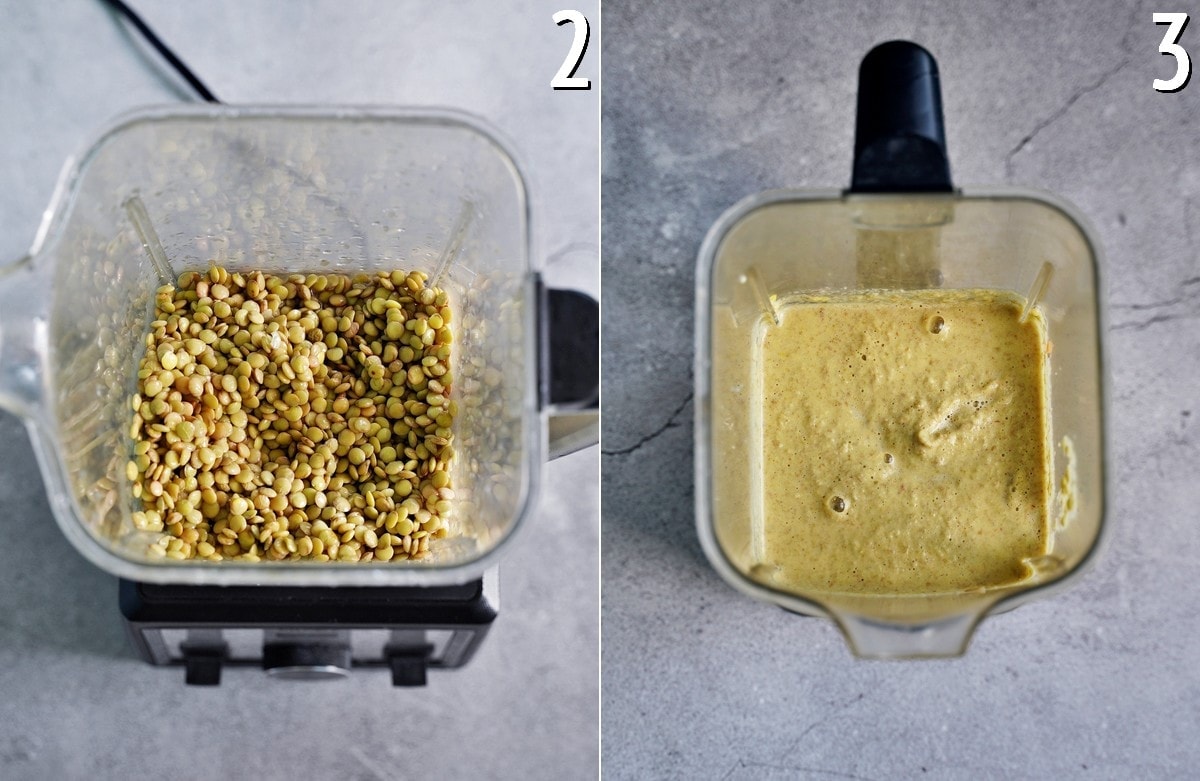 lentils in blender before and after blending