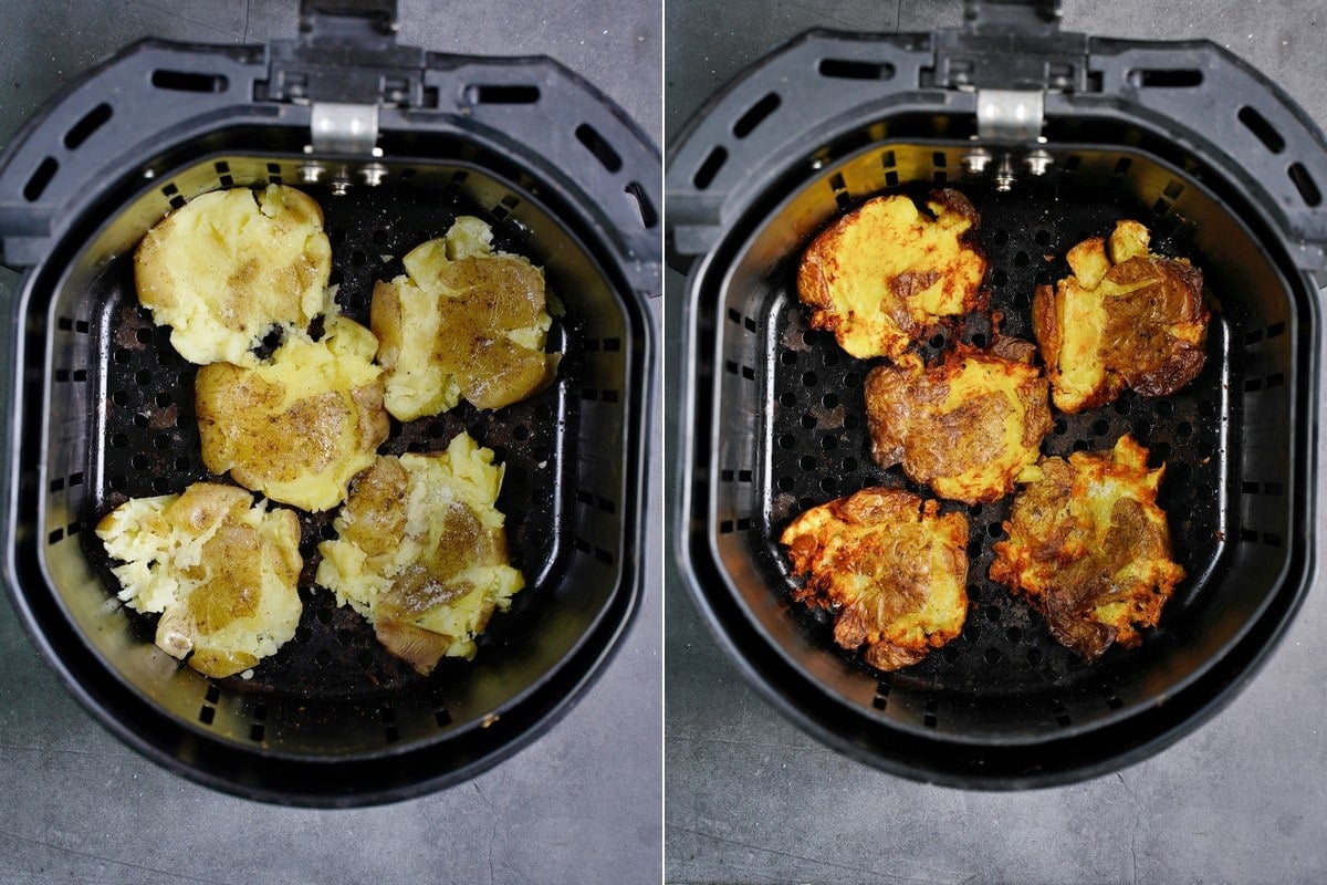 Smashed Potatoes in der Heißluftfritteuse vor und nach dem Garvorgang