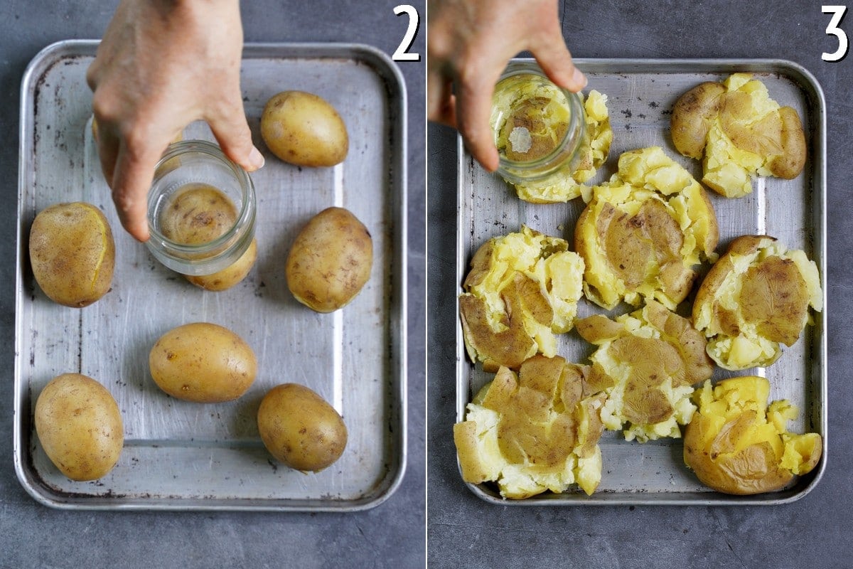 Kartoffeln auf dem Backblech werden mit einem Glas zerdrückt