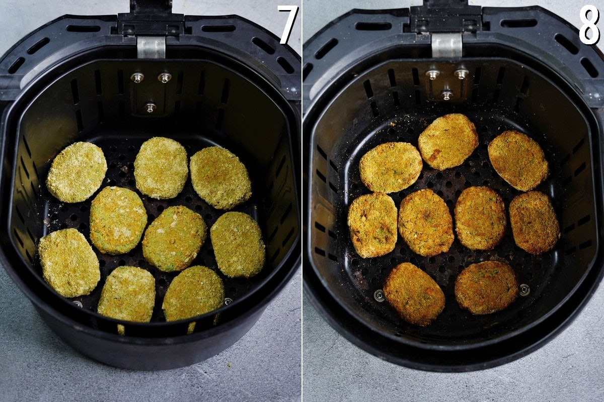 Veggie-Nuggets in der Fritteuse vor und nach dem Garen