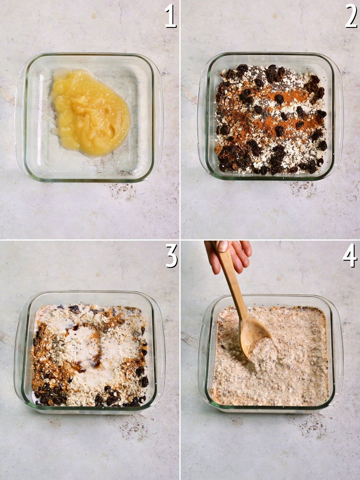 4 Schritte für die Zubereitung von gebackenen Haferflocken in einer Auflaufform