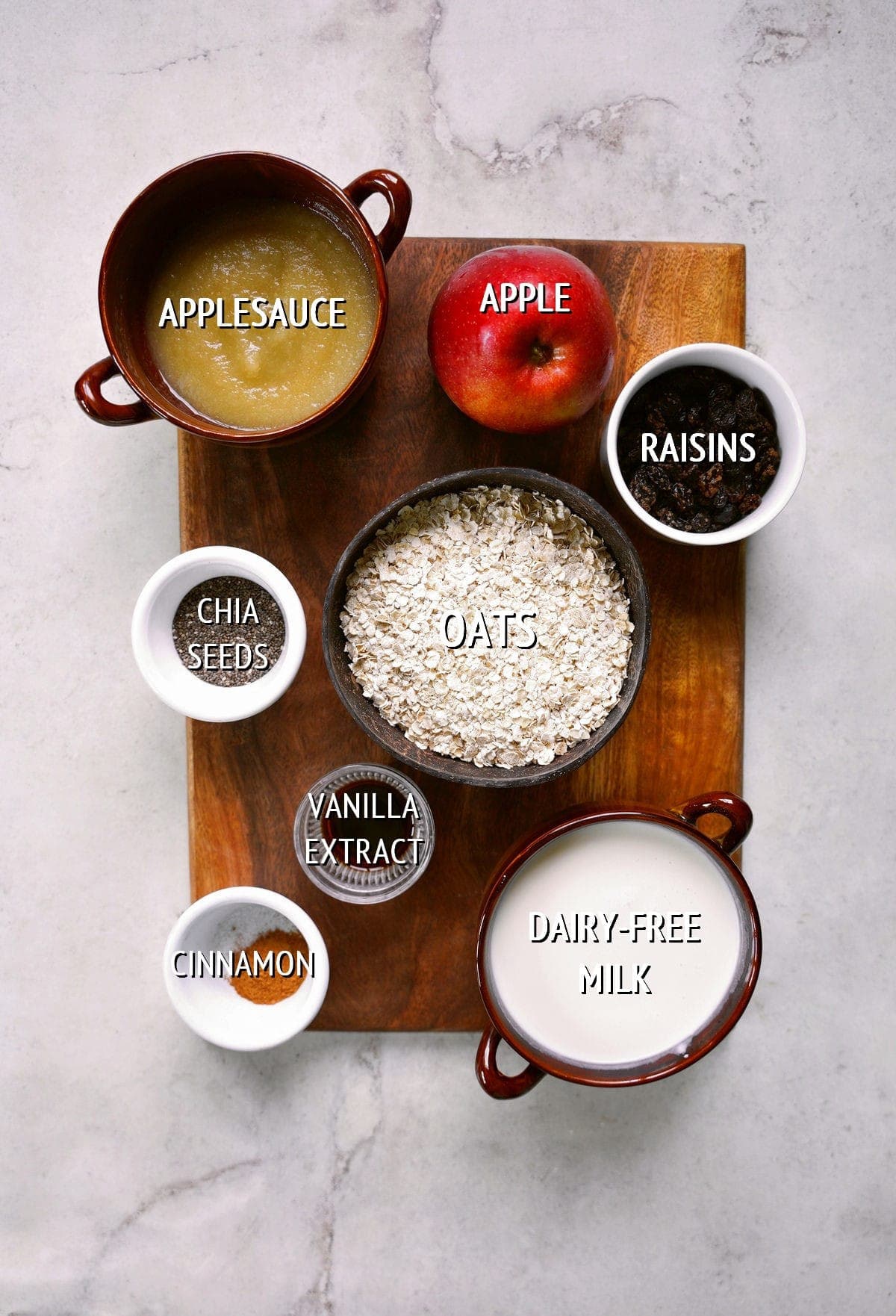 ingredients for apple baked oatmeal with labels_