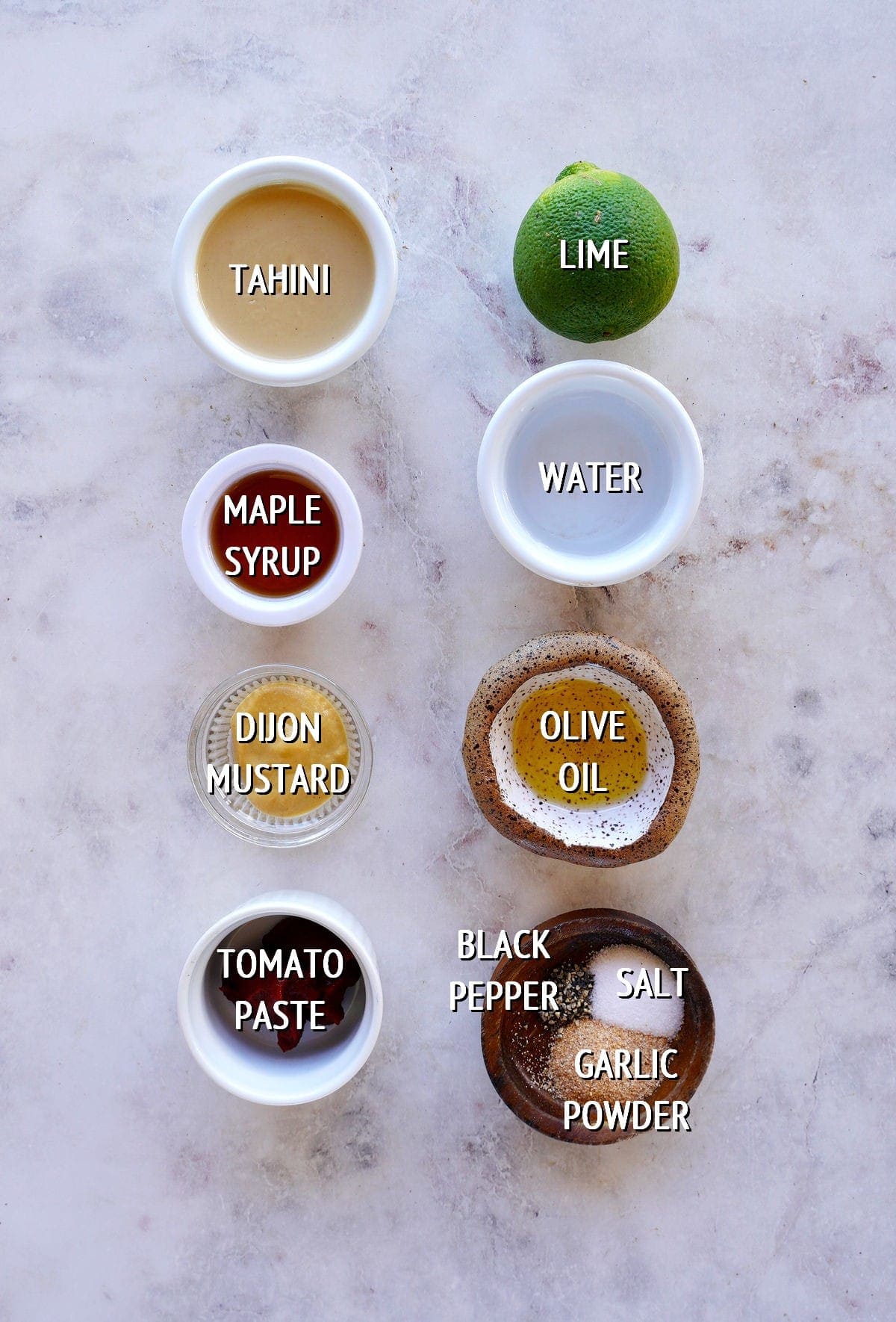 ingredients for tahini dressing with labels
