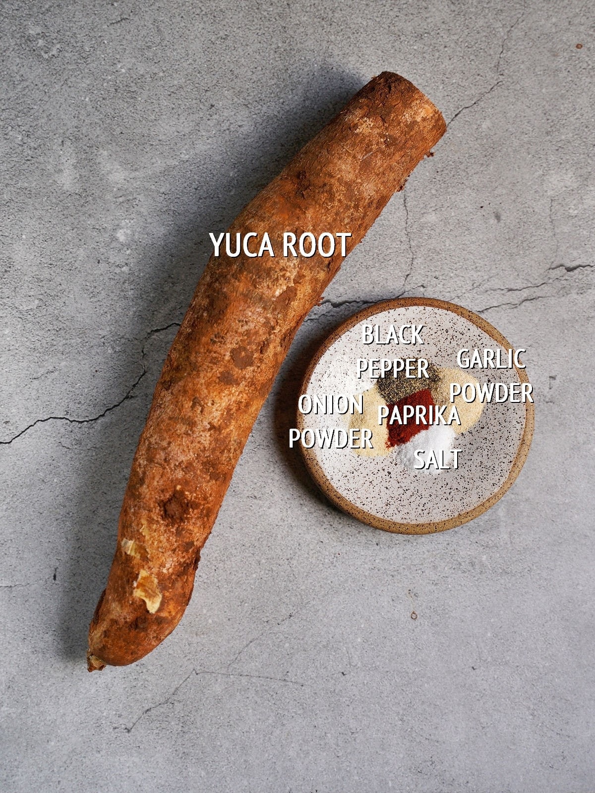 ingredients for yuca fries with labels