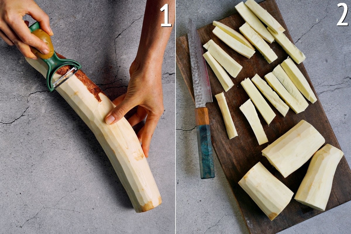 peeling yuca root and slicing it into sticks