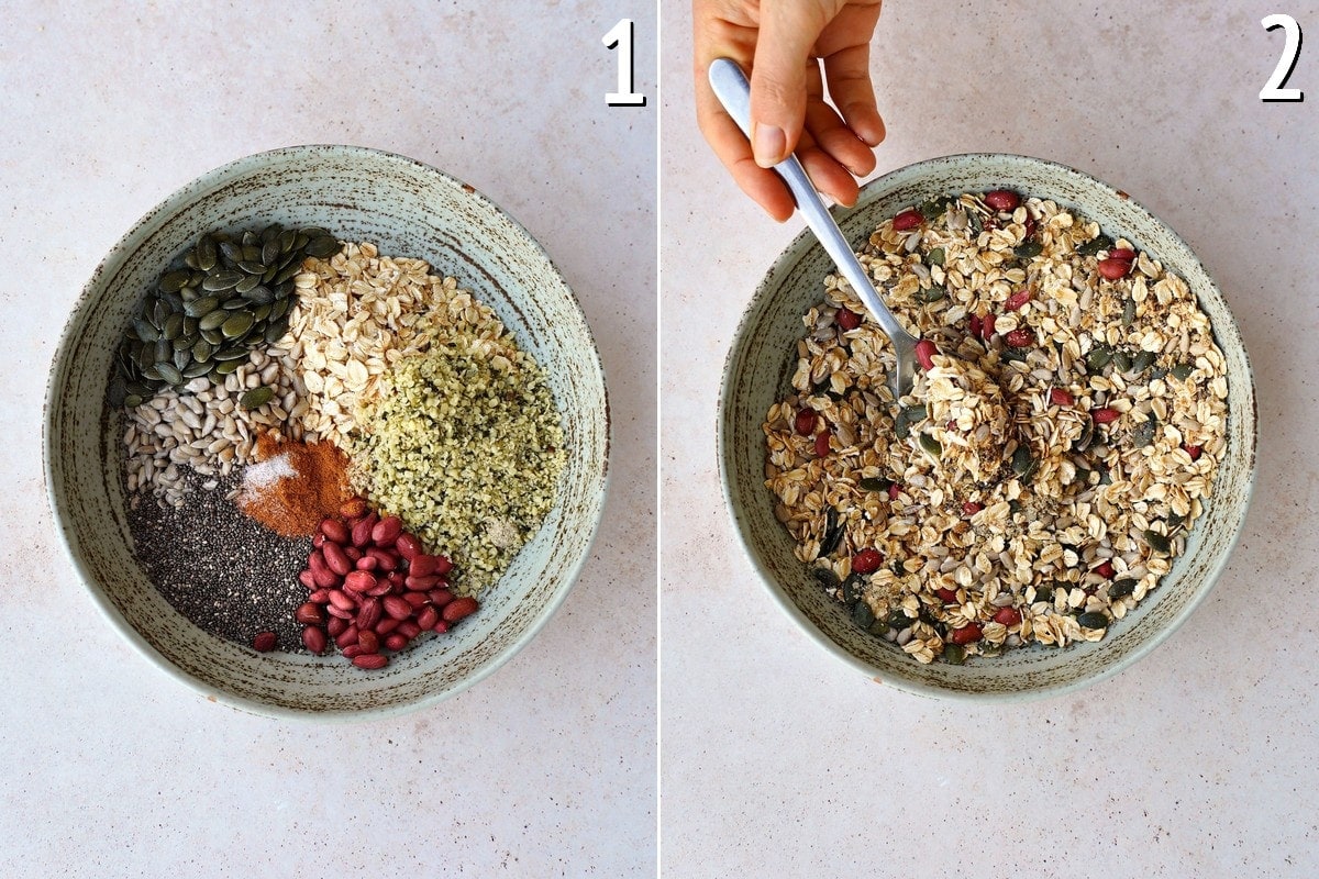 Samen, Erdnüsse, Haferflocken und Zimt in einer Schüssel