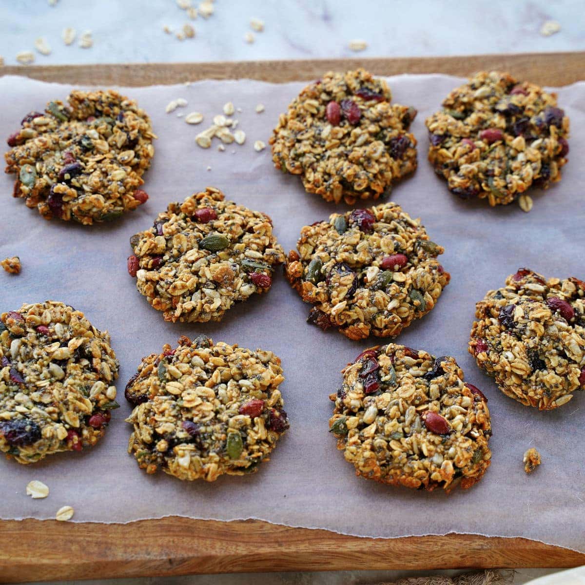 sugar-free cookies with seeds on wooden board