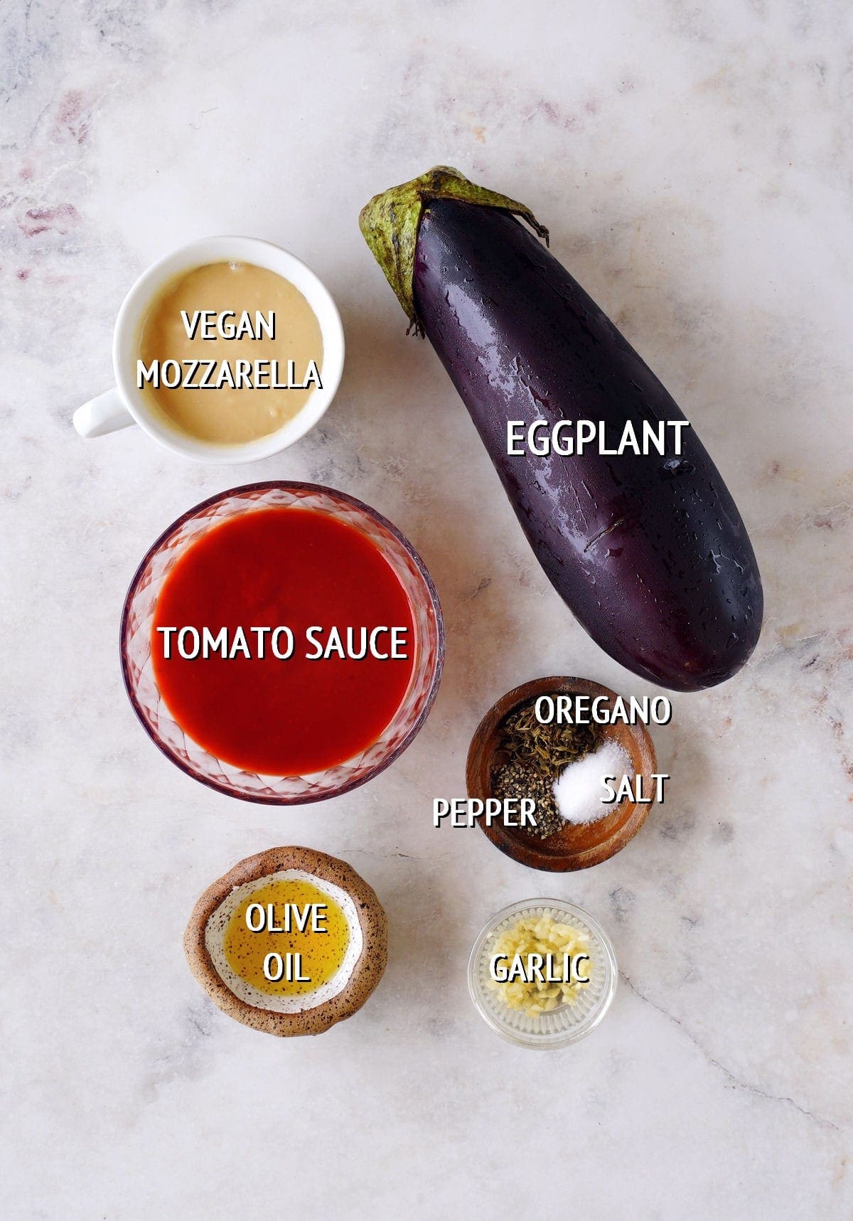 ingredients for eggplant pizza with labels