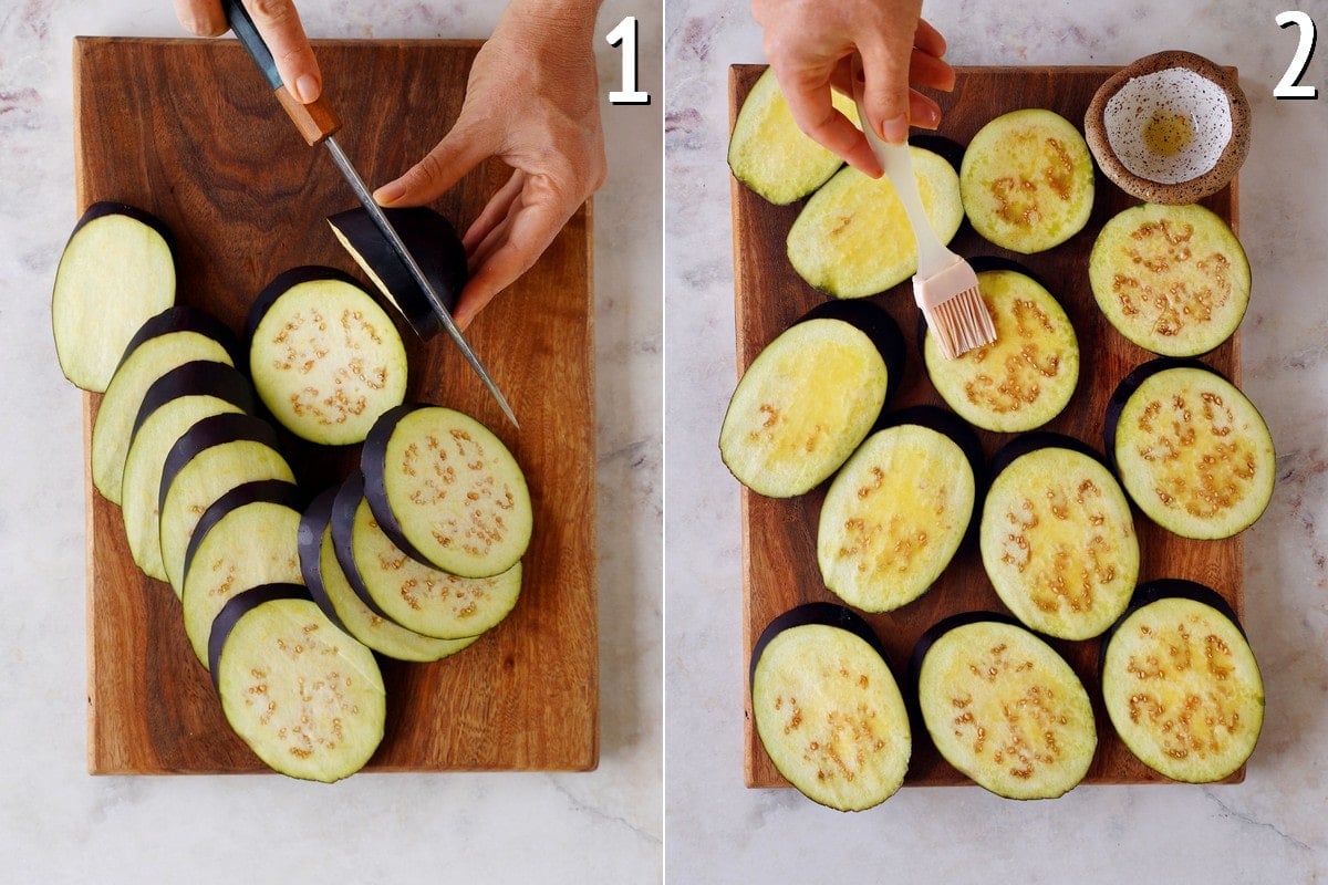slicing eggplant and brushing eggplant slices with oil
