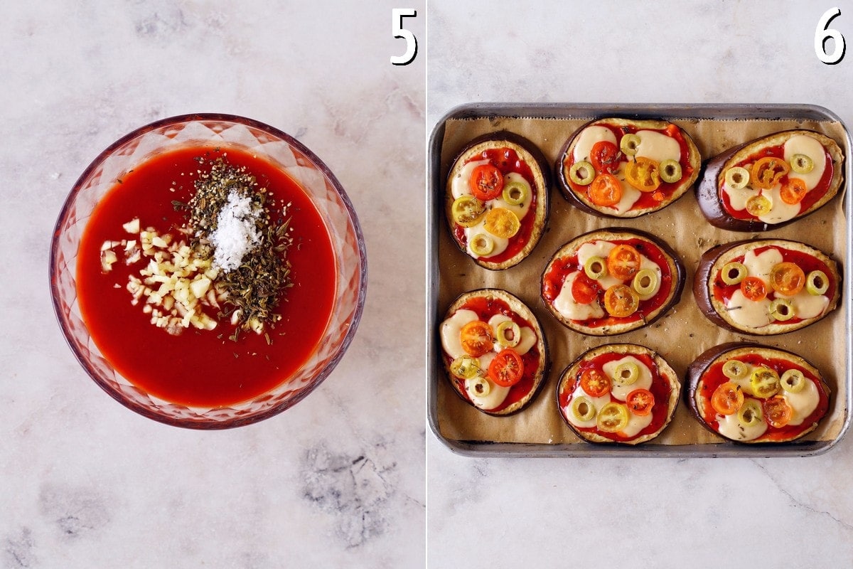 tomato sauce with garlic and spices in glass bowl and topped aubergine slices on baking sheet