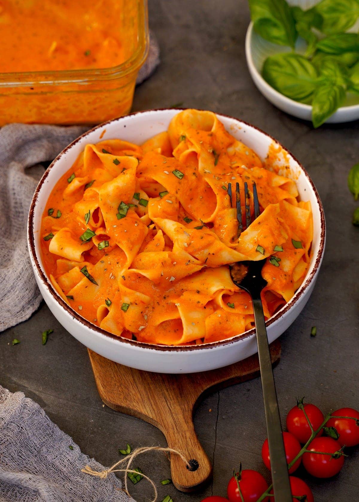 healthy pasta sauce with pappardelle in bowl