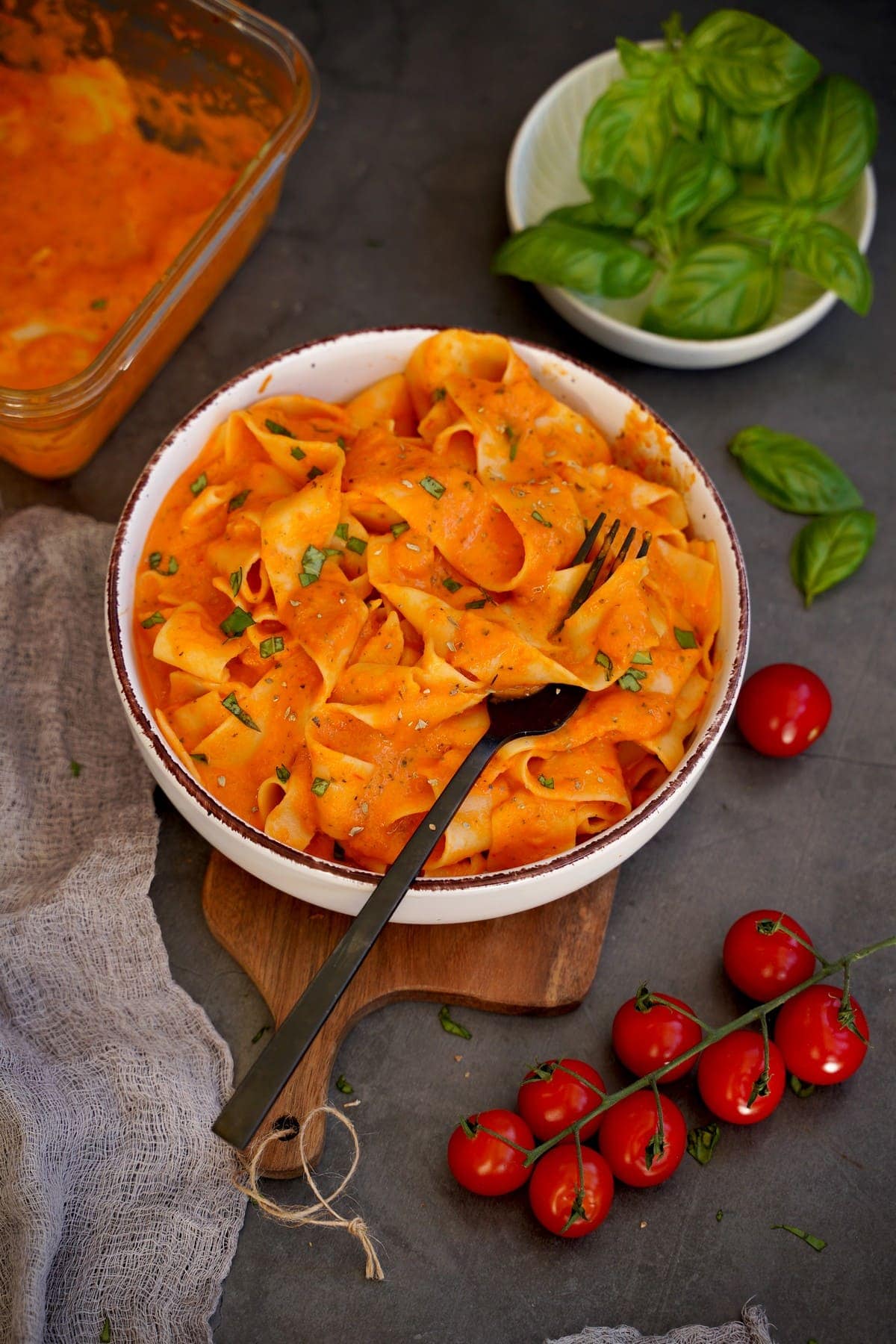 veggie sauce with pappardelle in bowl with fork