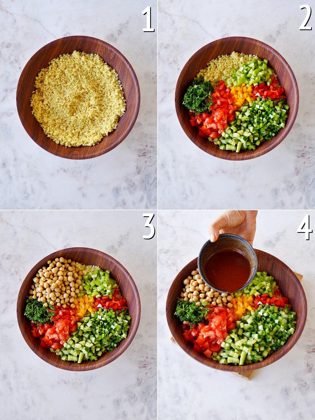 4 step-by-step photos how to assemble a cous cous salad