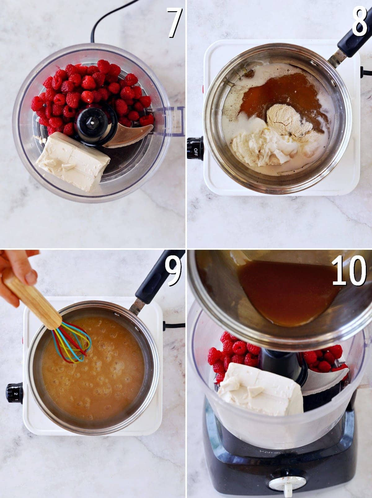 4 Schritt-für-Schritt-Fotos von der Herstellung einer Cheesecake-Creme mit Agar Agar