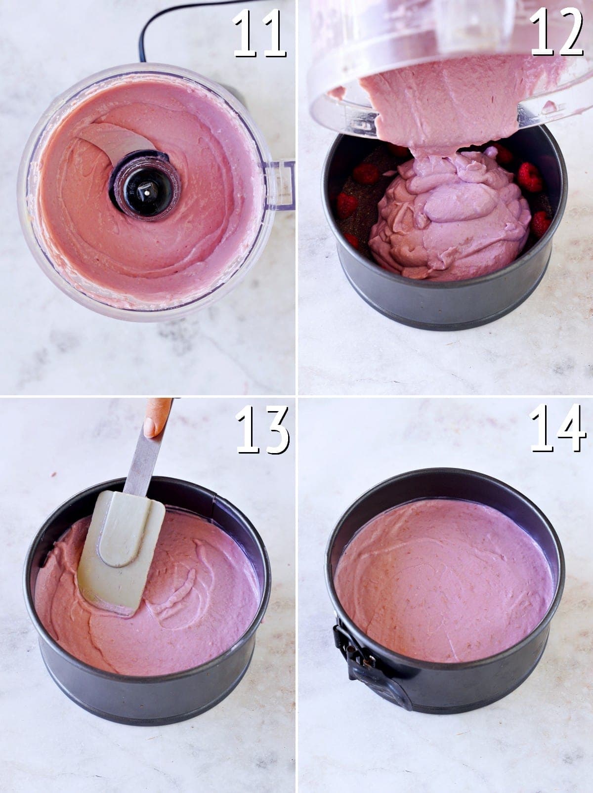 4 Schritt-für-Schritt-Fotos von der Zubereitung einer Himbeer-Cheesecake-Creme