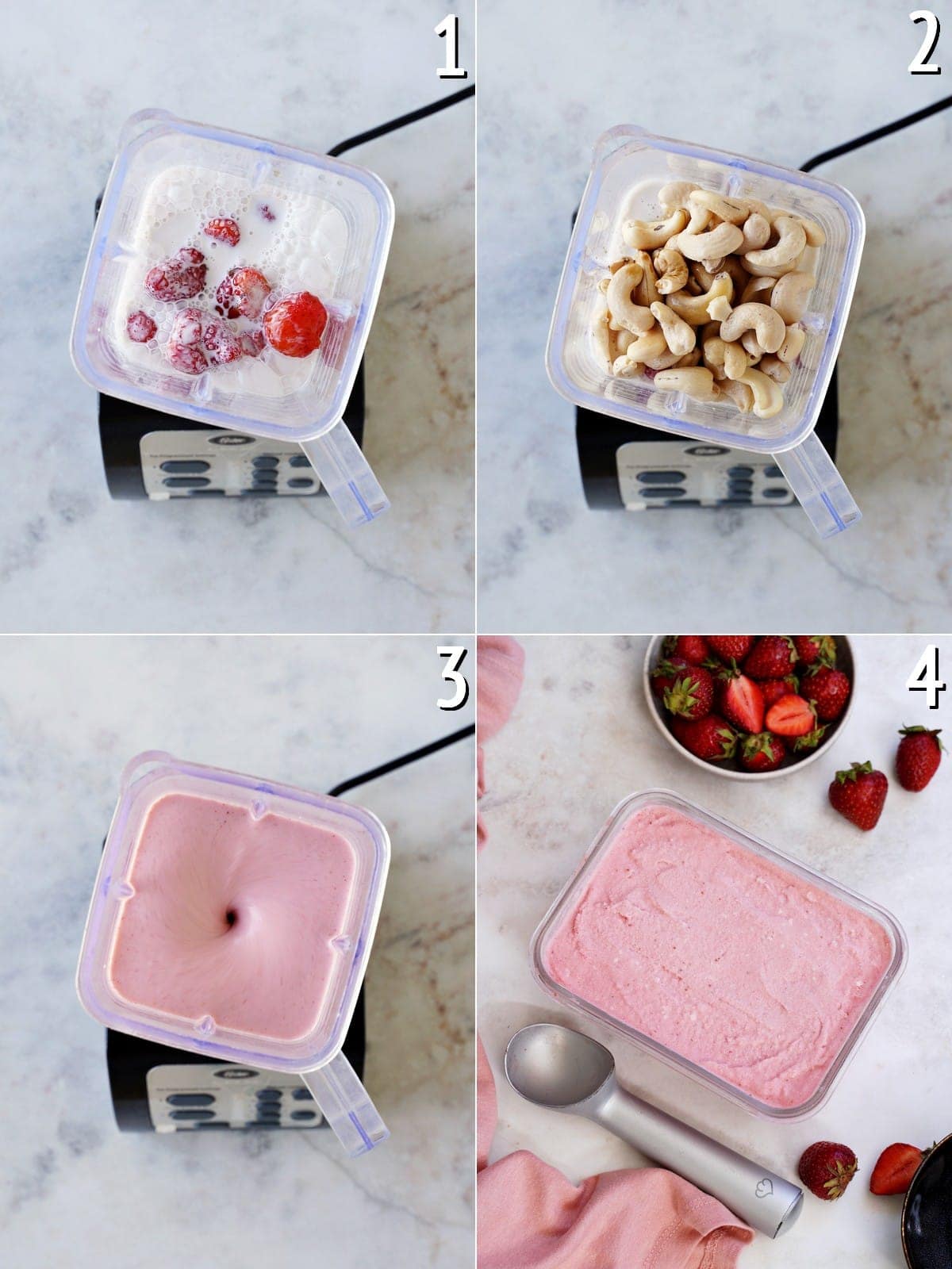 4 step-by-step photos how to make frozen cashew cream with strawberries