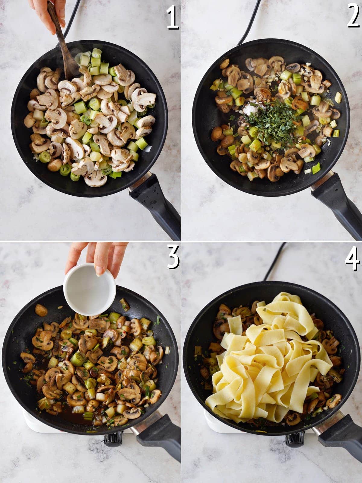 4 Schritt-für-Schritt-Fotos für die Zubereitung von Pasta mit Pilzen in schwarzer Pfanne