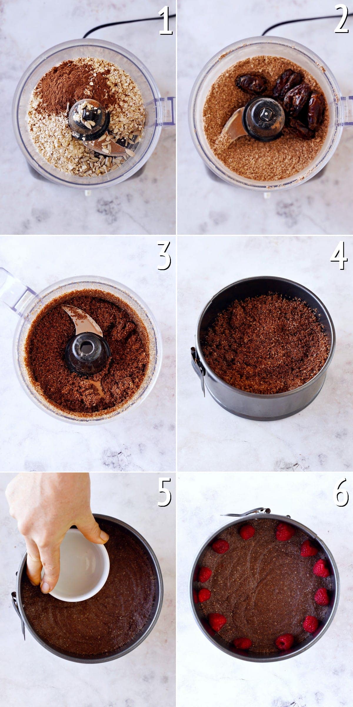 6 Schritt-für-Schritt-Fotos von der Herstellung eines No-Bake Kuchenbodens