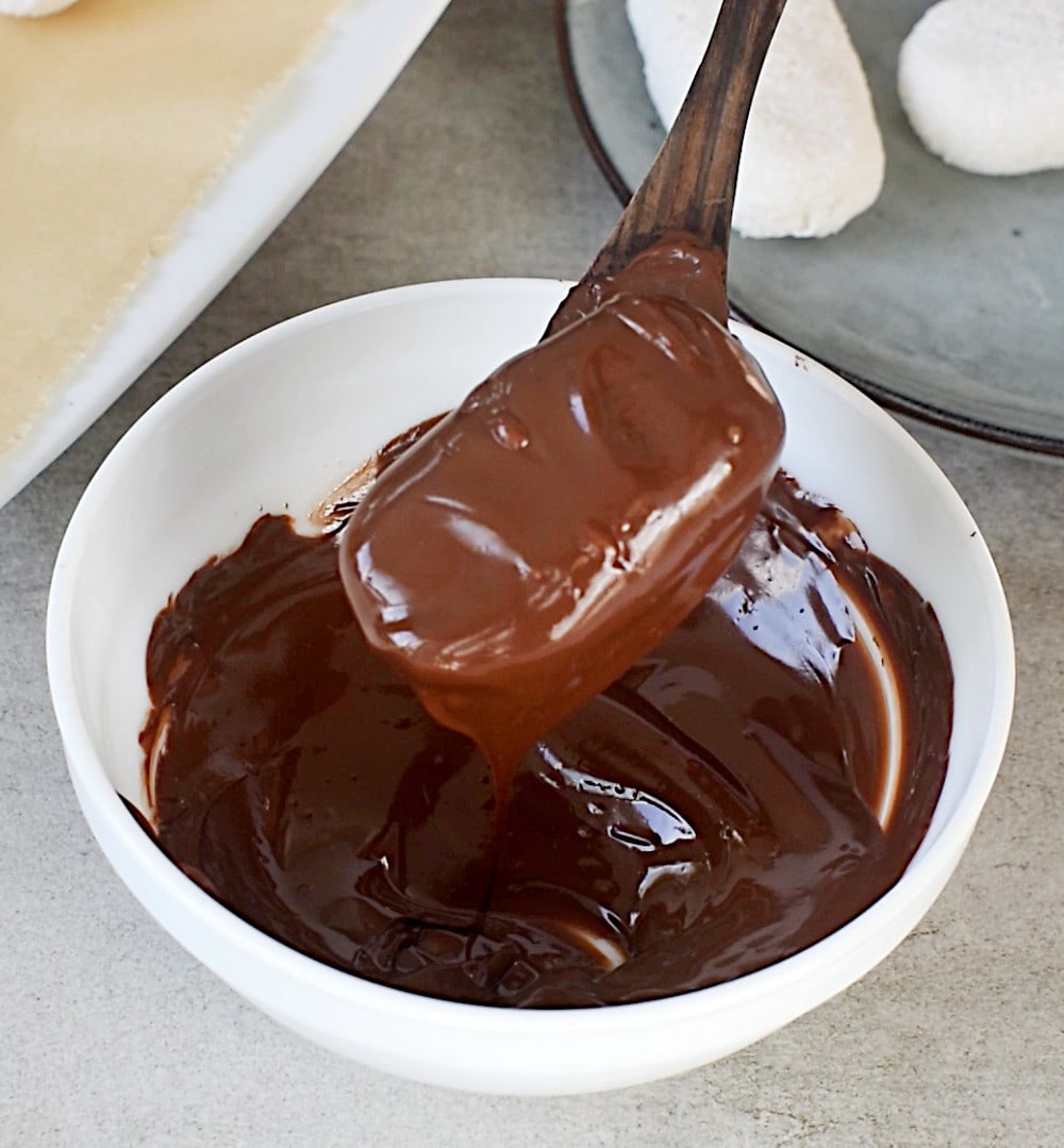 dipped coconut bar in chocolate bowl
