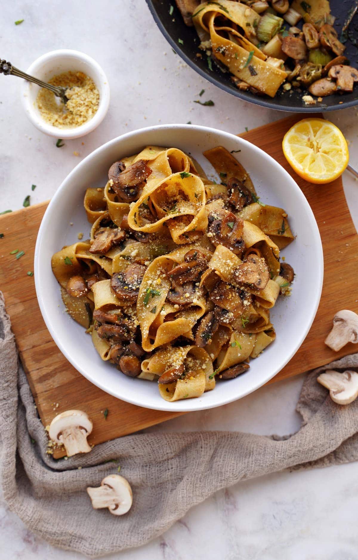 vegan mushroom pappardelle pasta in bowl