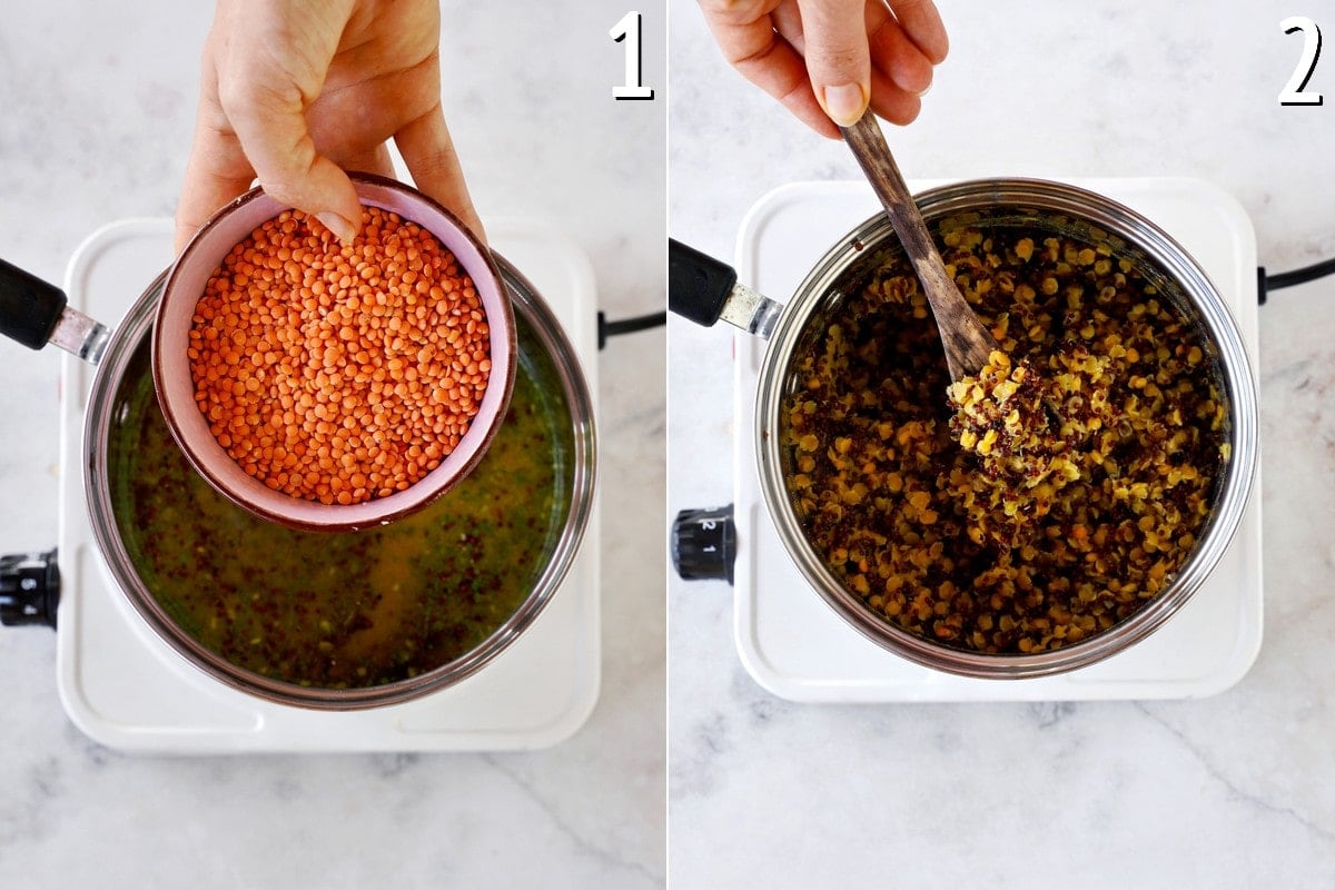 cooking quinoa and lentils in a saucepan