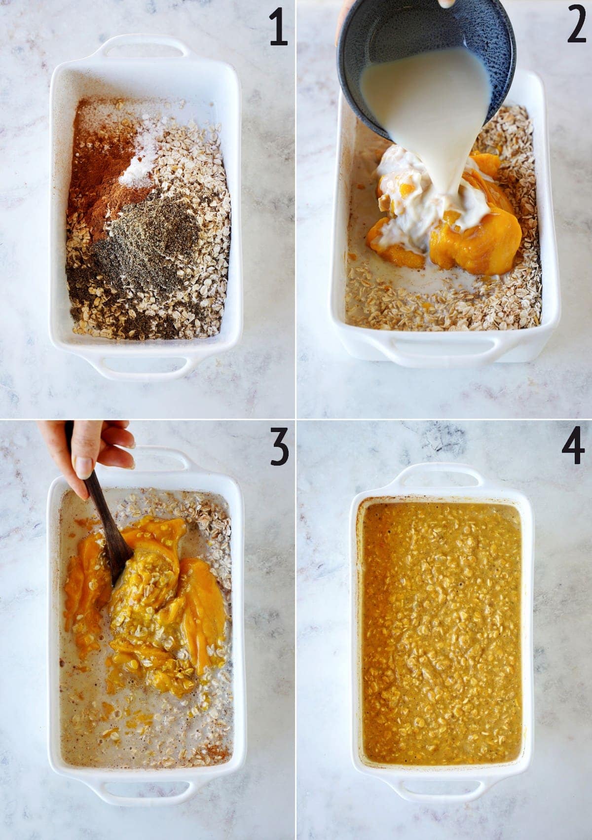 4 Schritt-für-Schritt-Fotos für die Zubereitung von Baked Oatmeal mit Kürbis