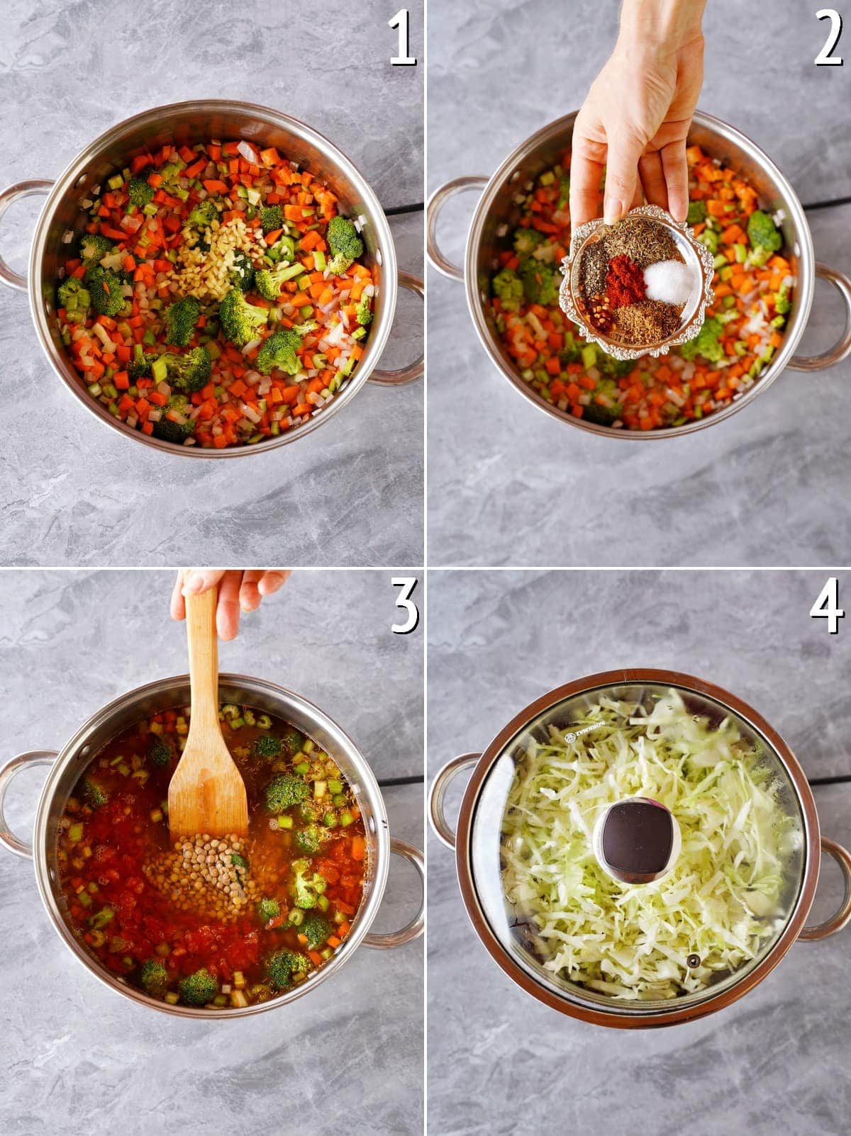 4 Schritt-für-Schritt-Bilder der Zubereitung eines Gemüse-Kohl-Eintopfs