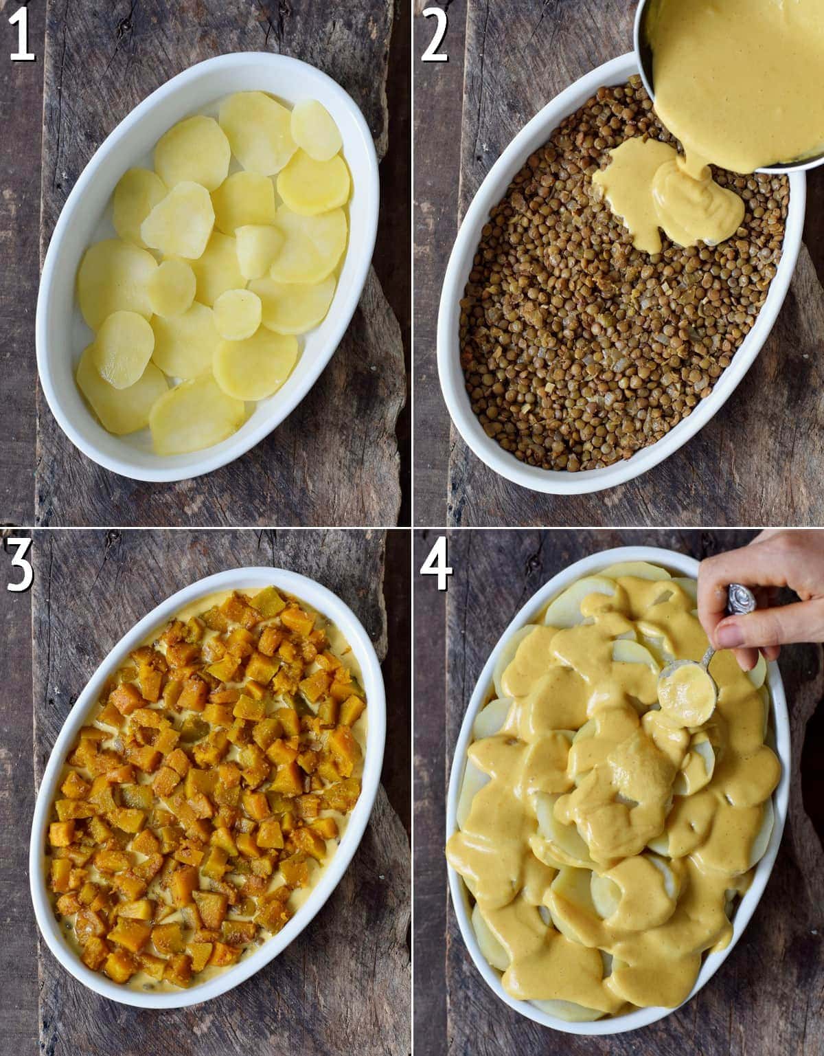 Assembling bake with pumpkin, lentils, and potatoes in baking dish