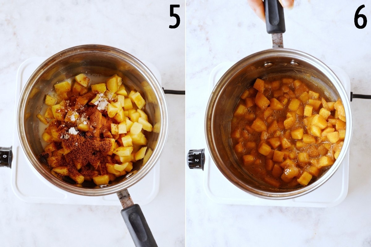 caramelized diced apples cooking in saucepan
