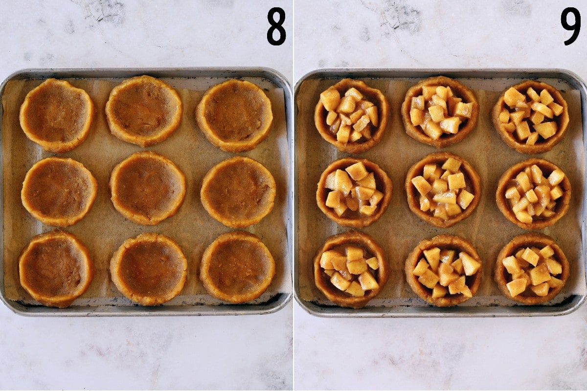 unbaked cookies on baking sheet filled with and without diced apples