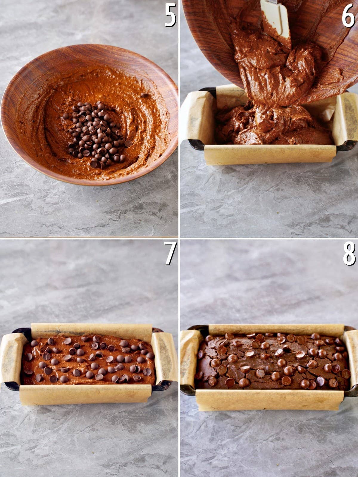 chocolate batter in wooden bowl and loaf pan