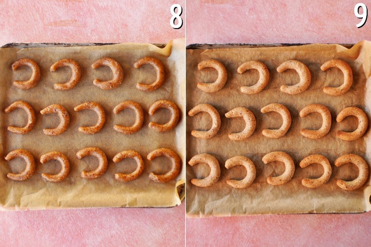 kipferl before and after baking on baking sheet