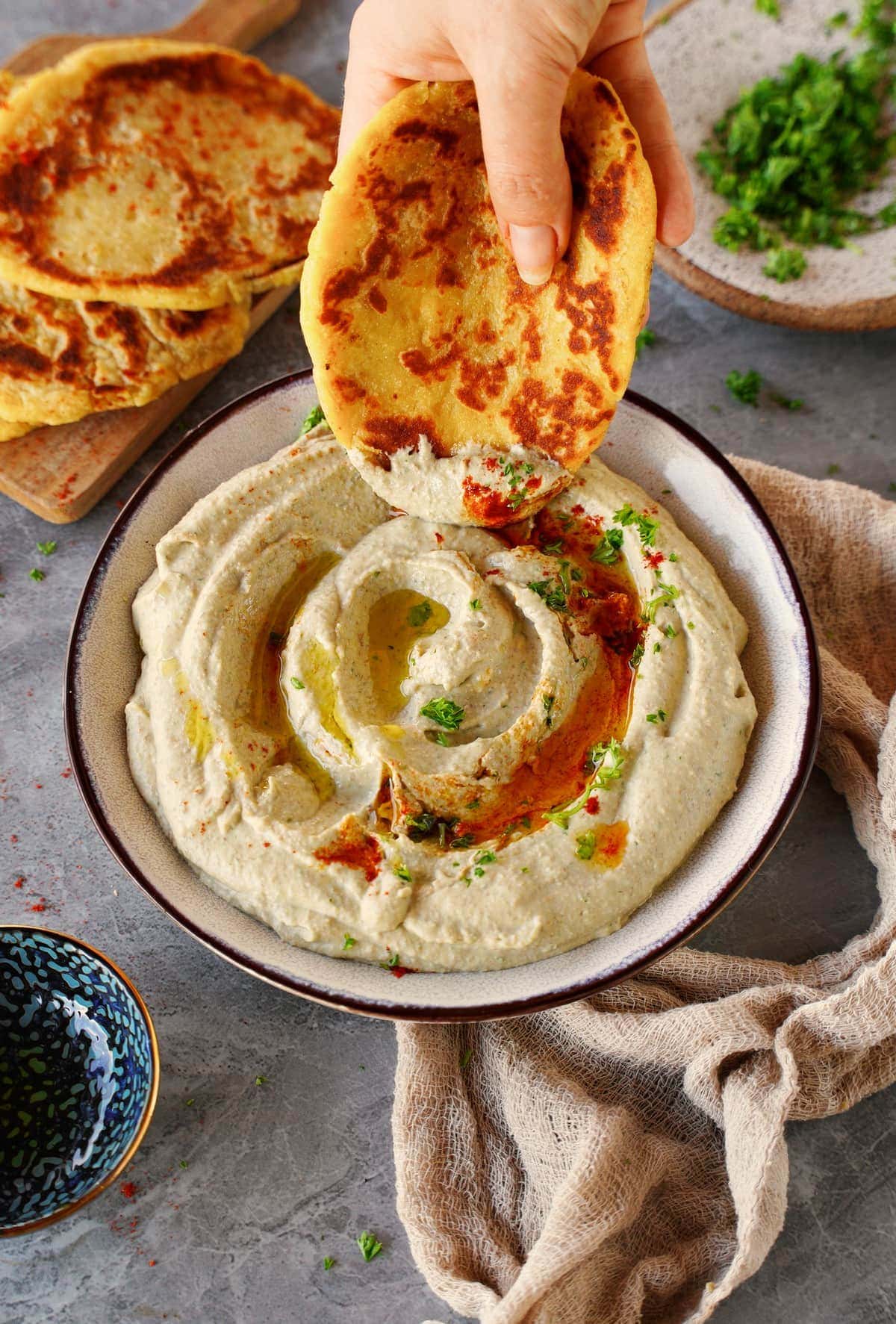 lentil hummus with homemade naan