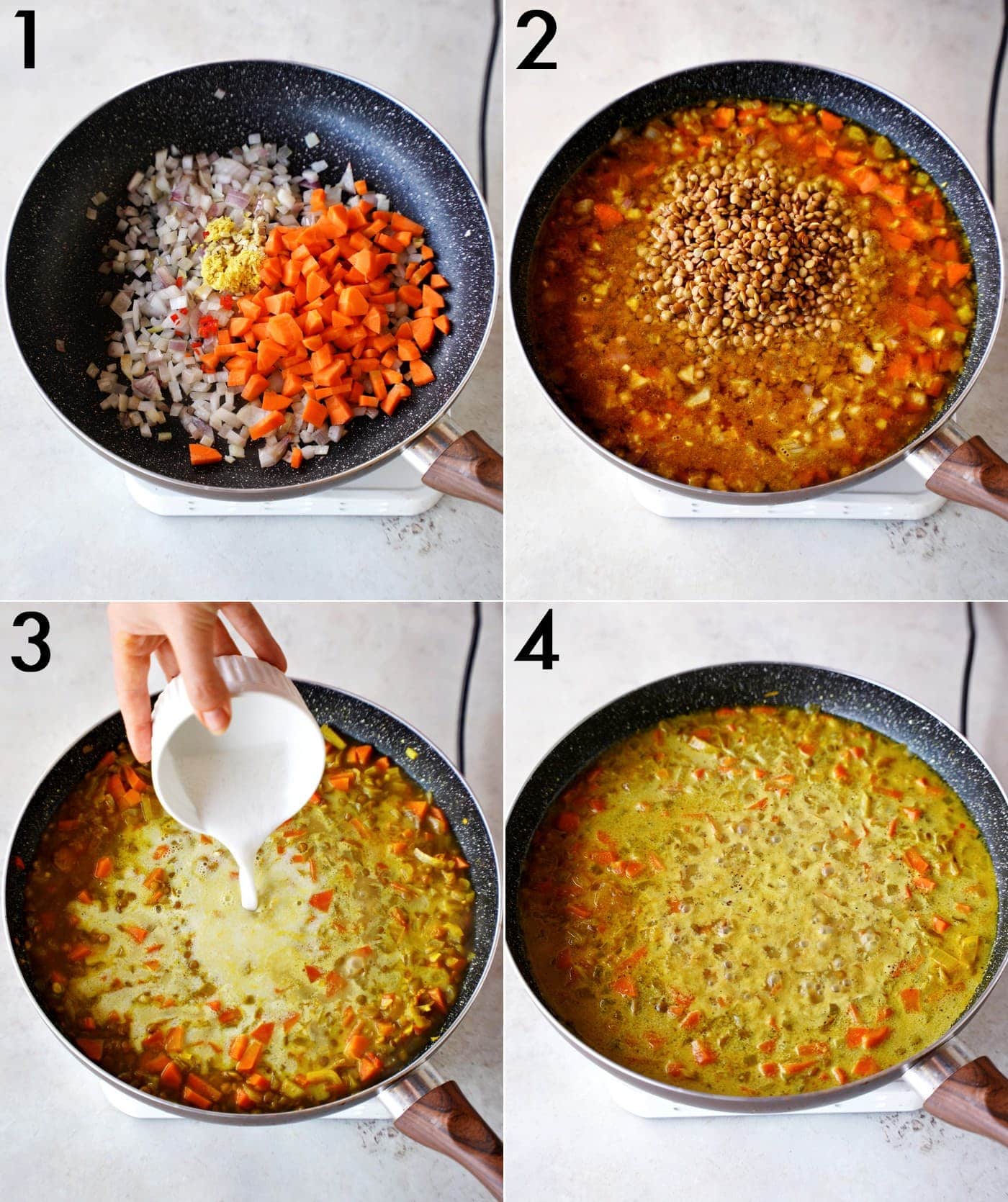 4 Schritt-für-Schritt-Bilder, wie man Curry mit grünen Linsen zubereitet