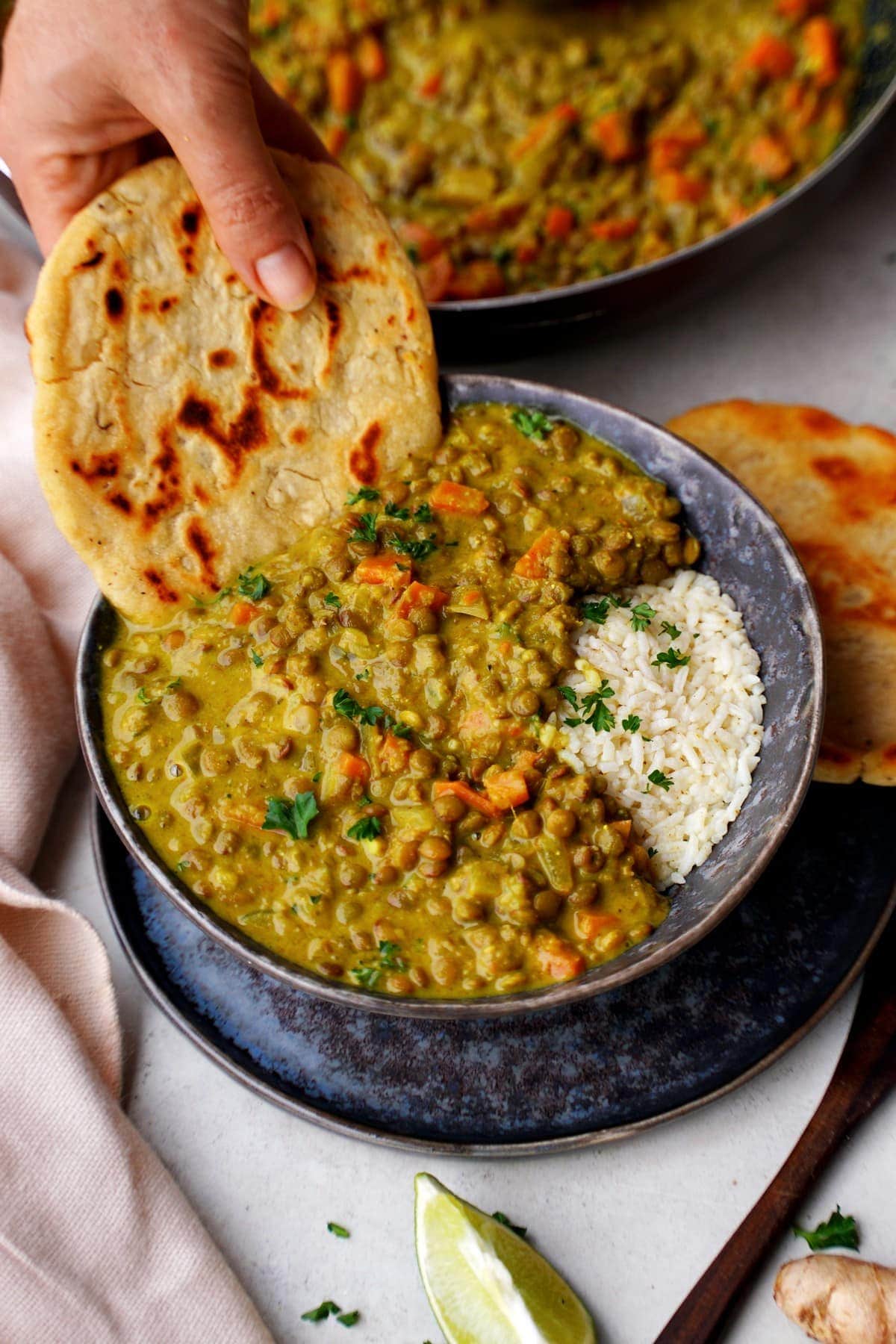 vegan lentil dal with rice and naan