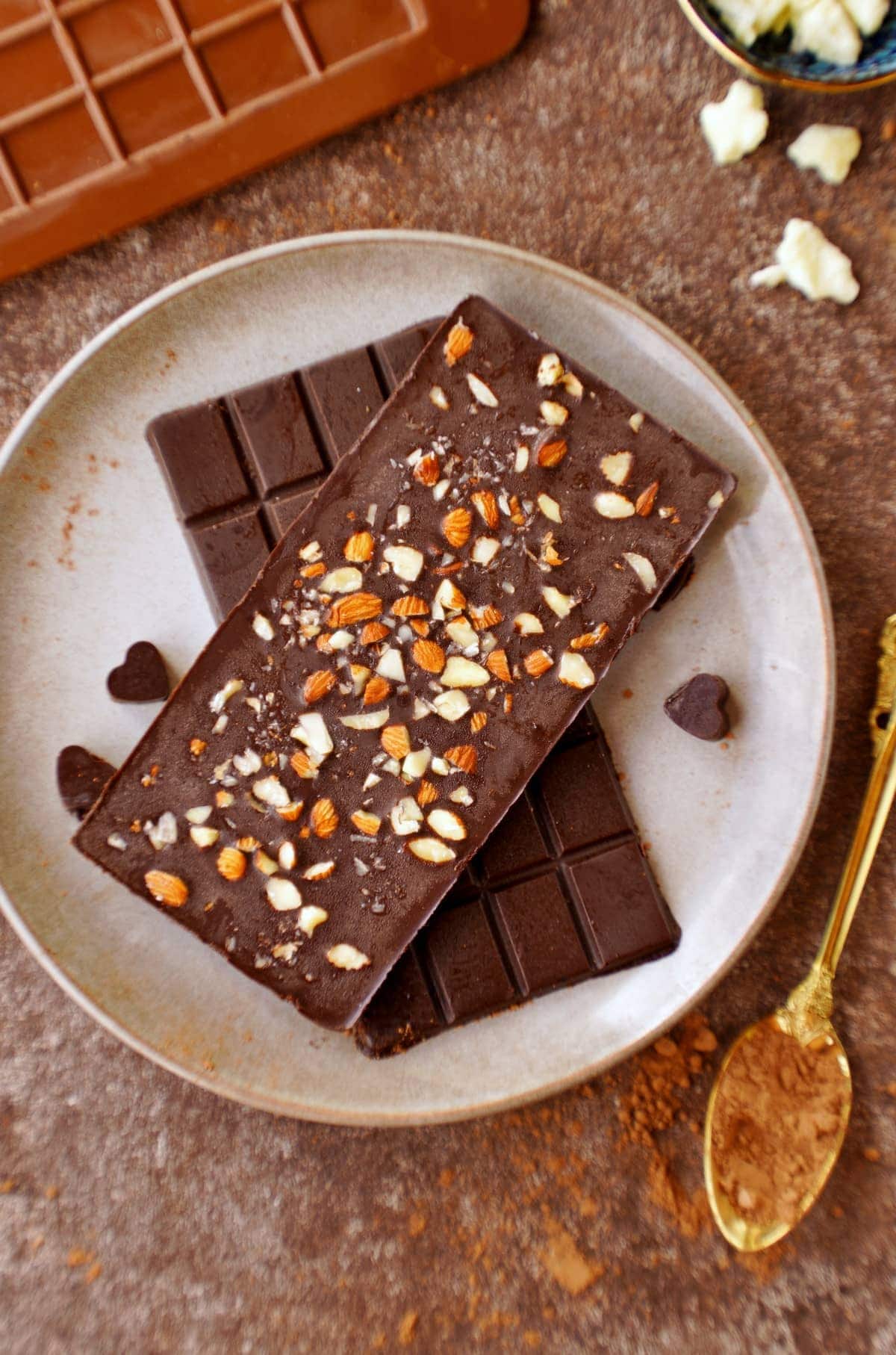 top shot of chocolatey candy bars with almonds