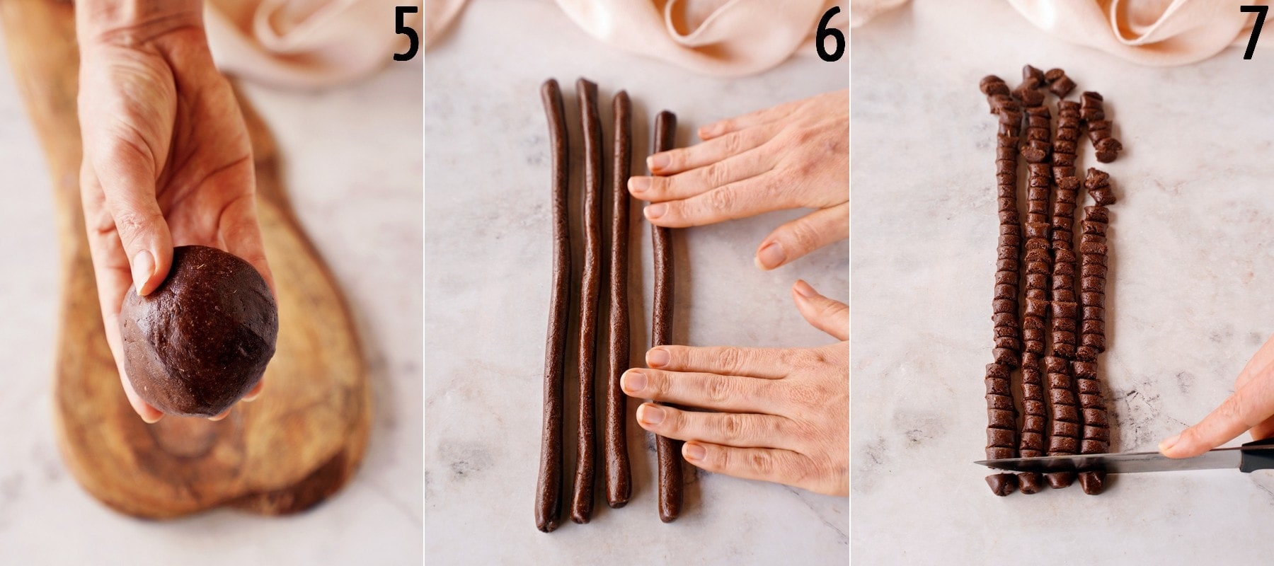 3 step-by-step photos how to roll choc dough