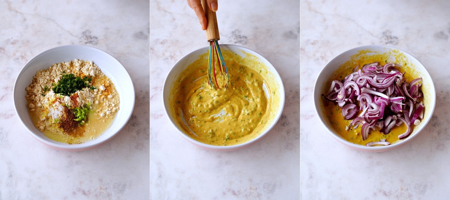 3 step-by-step pictures of mixing batter in bowl